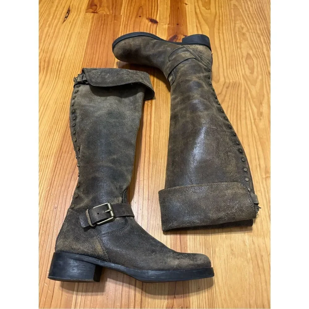 TORY BURCH Tarulli Boots Studded Riding Brown Distressed Over Knee Women’s 10M